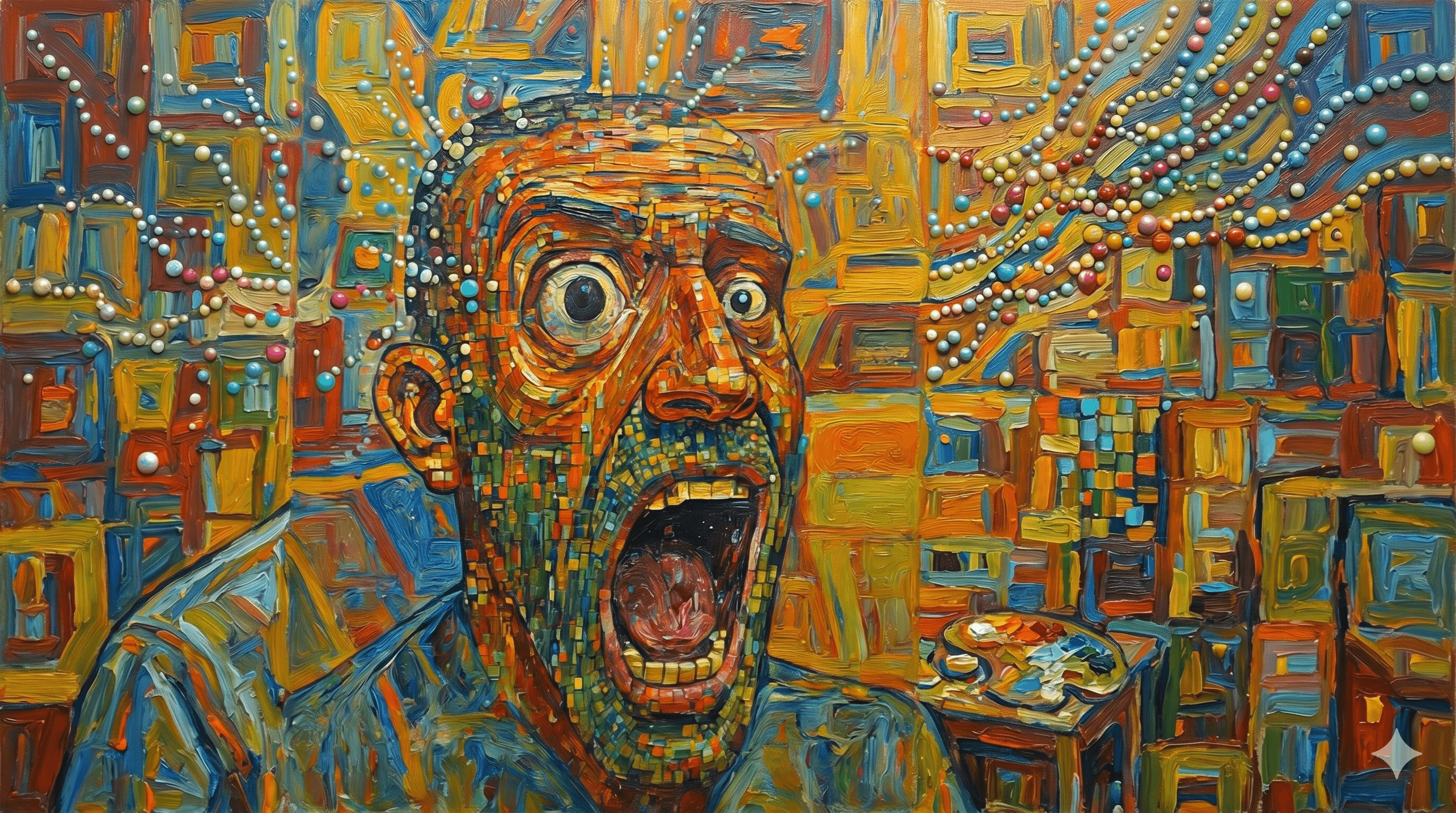 An expressive, highly textured post-impressionist style oil painting portrait of an elderly man with wide-open eyes and mouth. The image is constructed with impasto and small blocks of color. Strands of small, beaded, multi-colored pearls (teal, pink, purple, white) burst from his forehead like energy.